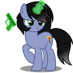 Size: 7491x7533 | Tagged: safe, artist:isaac_pony, oc, oc only, oc:shainer shrapnel shock, pony, unicorn, angry, black mane, cute, cutie mark, doom equestria, female, glock, glock 17, glowing horn, green eyes, green magic, gun, horn, magic, pistol, pouting, show accurate, simple background, solo, telekinesis, transparent background, unicorn oc, vector, weapon