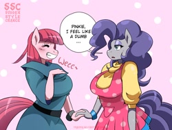 Size: 1710x1302 | Tagged: safe, artist:traupa, maud pie, pinkie pie, earth pony, anthro, g4, rock solid friendship, big breasts, blushing, breasts, busty maud pie, busty pinkie pie, clothes, clothes swap, dialogue, duo, eyes closed, female, grin, hair swap, maudie pie, pie sisters, pinkamena diane pie, role reversal, siblings, sisters, smiling, speech bubble, style change, sudden style change, sweat, sweatdrop