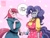 Size: 1710x1302 | Tagged: safe, artist:traupa, maud pie, pinkie pie, earth pony, anthro, rock solid friendship, big breasts, blushing, breasts, busty maud pie, busty pinkie pie, clothes, clothes swap, dialogue, eyes closed, female, grin, hair swap, maudie pie, pie sisters, pinkamena diane pie, role reversal, siblings, sisters, smiling, speech bubble, style change, sudden style change, sweat, sweatdrop