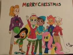 Size: 1280x960 | Tagged: safe, artist:cartoonsarelife1996, fluttershy, oc, alien, cat, human, humanoid, pegasus, pony, anthro, g4, anthro with ponies, cats don't dance, christmas, crossover, danny t. cat, holiday, human oc, marco diaz, sawyer (cats don't dance), star butterfly, star vs the forces of evil, traditional art, wander (wander over yonder), wander over yonder