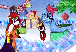 Size: 1280x881 | Tagged: safe, artist:simsvaleria, fluttershy, alien, demon, pegasus, pony, zbornak, g4, bill cipher, bone, bow, christmas, commander peepers, crossover, eyes closed, gravity falls, holiday, lord hater, male, new year, skeleton, sylvia (wander over yonder), wander (wander over yonder), wander over yonder