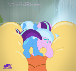 Size: 3840x3600 | Tagged: safe, artist:rupert, part of a set, starlight glimmer, trixie, pony, unicorn, art pack:plots of raft squishy, g4, road to friendship, butt, butt squish, cute, dock, female, fetish, ghastly gorge, glimmer glutes, high res, i guess we're stuck together, inflatable, inflatable fetish, inflatable raft, inflation, lyrics, mare, plot, raft, rear view, river, rubber, show accurate, squished, squishy, tail, text, that pony sure does love rafts, the great and powerful ass, underhoof, waterfall, we're friendship bound