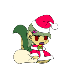Size: 2157x2480 | Tagged: safe, artist:shappy the lamia, oc, oc:shappy, earth pony, hybrid, lamia, original species, pony, semi-anthro, arm hooves, bag, bells, brooch, chibi, christmas, clothes, costume, fangs, hat, high res, holiday, holly, padoru, png, sack, santa claus, santa costume, scales, simple background, snake tail, solo, transparent background