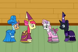 Size: 1280x854 | Tagged: safe, artist:platinumdrop, apple bloom, scootaloo, sweetie belle, oc, oc:nyx, alicorn, pony, for whom the sweetie belle toils, clothes, clubhouse, crusaders clubhouse, cutie mark crusaders, dress, dressup, hanging out, hennin, party, playful, playing, princess, request