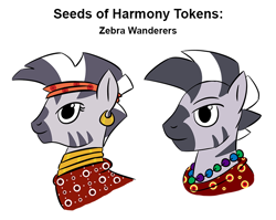 Size: 750x598 | Tagged: safe, artist:velgarn, pony, zebra, african, clothes, concept art, female, male, pen and paper rpg, seeds of harmony, simple background, trinket, white background