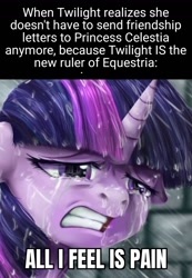 Size: 942x1360 | Tagged: safe, artist:candyclumsy, edit, twilight sparkle, alicorn, pony, g4, caption, cropped, crying, disappointed, feels, feels bad man, female, image macro, meme, pain, rain, realization, sad, solo, text, twilight sparkle (alicorn), withdrawal