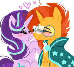 Size: 2000x1823 | Tagged: safe, artist:conflei, starlight glimmer, sunburst, pony, unicorn, g4, blushing, cloak, clothes, cute, duo, eyes closed, female, glasses, heart, male, mare, nose rub, nuzzling, ship:starburst, shipping, simple background, sitting, stallion, straight, transparent background
