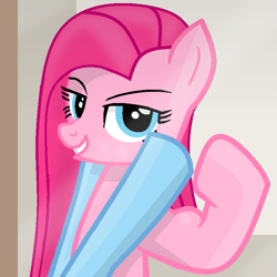 Size: 763x763 | Tagged: safe, artist:grapefruitface1, pinkie pie, rainbow dash, pony, g4, party of one, american psycho, flexing, implied cupcakes, implied futa, implied sex, legs in air, looking at you, movie reference, muscles, offscreen character, patrick bateman, pinkamena diane pie, show accurate, straight hair