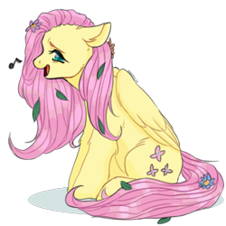 Size: 1000x1000 | Tagged: safe, artist:katedoe, fluttershy, pegasus, pony, g4, cute, elbow fluff, female, floppy ears, flower, flower in hair, flower in tail, folded wings, hoof fluff, leaves, leaves in hair, looking at you, looking sideways, mare, music notes, open mouth, profile, shyabetes, simple background, singing, sitting, smiling, solo, transparent background, wings