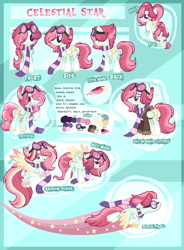 Size: 3160x4290 | Tagged: safe, artist:amgiwolf, artist:caecii, artist:pegasski, artist:sugaryicecreammlp, oc, oc only, oc:celestial star, crystal pony, pegasus, pony, g4, baby, baby pony, base used, bomber jacket, clothes, colored wings, crystallized, eye clipping through hair, female, filly, flight trail, flying, goggles, jacket, multicolored wings, reference sheet, scarf, smiling, solo, two toned wings, wings