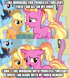 Size: 500x562 | Tagged: safe, edit, edited screencap, screencap, applejack, fluttershy, luster dawn, rainbow dash, earth pony, pegasus, pony, unicorn, g4, the last problem, caption, image macro, older, older applejack, older fluttershy, older rainbow dash, text