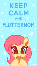 Size: 1080x1920 | Tagged: safe, alternate version, artist:lollipony, fluttershy, pony, g4, blue background, bust, cute, ear fluff, eating, female, food, keep calm and carry on, mare, muffin, nom, portrait, shyabetes, simple background, solo, starry eyes, stars, wingding eyes