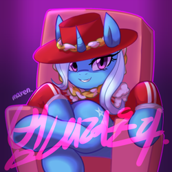 Size: 2800x2800 | Tagged: safe, artist:maren, trixie, pony, unicorn, g4, chair, clothes, grin, hat, high res, jewelry, k-pop, korean, necklace, sitting, smiling, solo