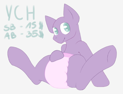 Size: 2600x1986 | Tagged: safe, artist:mermaidkuki, oc, pony, abdl, adult foal, commission, diaper, looking at you, poofy diaper, smiling, smiling at you, solo, spread legs, spreading, ych example, ych sketch, your character here
