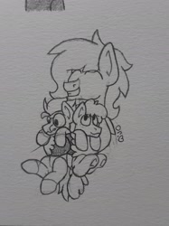 Size: 2048x2731 | Tagged: safe, artist:drheartdoodles, oc, oc only, oc:dr.heart, oc:floofy, oc:vince, clydesdale, earth pony, pegasus, pony, high res, hug, size difference, smiling, traditional art