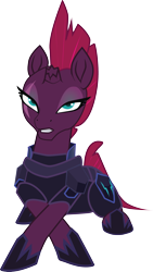Size: 1813x3205 | Tagged: safe, artist:bubucoy, tempest shadow, pony, unicorn, g4, armor, bedroom eyes, broken horn, eye scar, female, hoof shoes, horn, lying down, mare, prone, scar, simple background, solo, transparent background