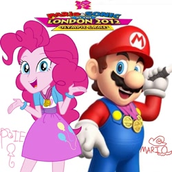 Size: 1080x1080 | Tagged: safe, artist:eddazzling81, artist:sugar-loop, pinkie pie, human, equestria girls, g4, crossover, female, gold medal, london 2012, male, mario, mario & sonic, mario & sonic at the london 2012 olympic games, mario & sonic at the olympic games, mario and sonic, mario and sonic at the olympic games, mariopie, metal, nintendo, olympics, super mario bros.