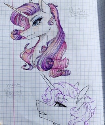 Size: 1080x1277 | Tagged: safe, artist:moona_lou, rarity, pony, unicorn, g4, bust, duo, eyelashes, female, graph paper, lineart, makeup, mare, partial color, signature, smiling, traditional art