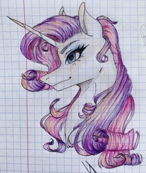 Size: 1080x1277 | Tagged: safe, artist:moona_lou, rarity, pony, unicorn, g4, bust, eyelashes, female, graph paper, makeup, mare, smiling, solo, traditional art
