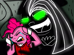 Size: 2048x1536 | Tagged: safe, artist:artmama113, pinkie pie, earth pony, pony, g4, bust, clothes, crying, cuffs (clothes), dr jekyll and mr hyde, dr pinkie and miss pie, duality, eyes closed, female, glowing eyes, insanity, mare, open mouth, pinkamena diane pie