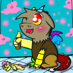 Size: 2048x2048 | Tagged: safe, artist:artmama113, discord, fluttershy, draconequus, g4, :d, blushing, doll, high res, horns, male, milk bottle, one eye closed, open mouth, smiling, toy, wings, wink, young discord