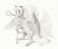 Size: 1024x869 | Tagged: safe, artist:lady-limule, oc, oc only, oc:slate, pegasus, pony, mouth hold, pegasus oc, rearing, solo, traditional art, wings