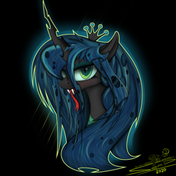 Size: 4000x4000 | Tagged: safe, artist:ser-p, queen chrysalis, changeling, changeling queen, absurd resolution, black background, bust, crown, female, jewelry, portrait, regalia, simple background, solo, tongue out