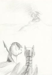 Size: 2352x3408 | Tagged: safe, artist:lady-limule, oc, oc only, oc:slate, pegasus, pony, armor, flying, helmet, high res, male, pegasus oc, stallion, traditional art, wings