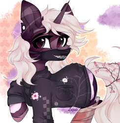 Size: 3140x3220 | Tagged: safe, artist:mint-light, oc, oc only, pony, unicorn, abstract background, bandage, clothes, commission, ear fluff, ear piercing, face mask, flower, flower in hair, high res, horn, looking back, mask, piercing, signature, solo, unicorn oc, ych result