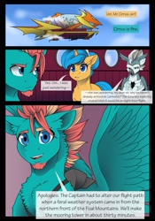 Size: 1600x2291 | Tagged: safe, artist:tillie-tmb, oc, oc:epsilon saltz, oc:merry rhymes, hippogriff, pegasus, pony, unicorn, comic:the amulet of shades, airship, comic