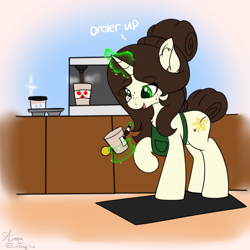 Size: 2000x2000 | Tagged: safe, artist:aurorafang, part of a set, oc, oc:vanilla drops, pony, unicorn, coffee cup, coffee machine, cup, cutie mark, female, high res, mare