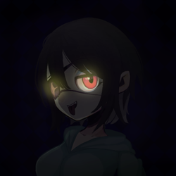 Size: 600x600 | Tagged: safe, artist:isaac_pony, oc, oc only, oc:rouse black, human, vampire, anime, clothes, dark, doom equestria, eyepatch, female, humanized, light, looking at you, shirt, solo, tongue out, website