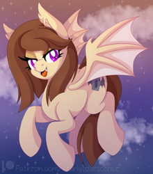 Size: 2066x2353 | Tagged: safe, artist:pearlyiridescence, oc, oc only, oc:midnight cakepowder, bat pony, pony, cloud, dusk, ear fluff, fangs, female, flying, high res, mare, open mouth, smiling, solo, spread wings, stars, wings