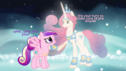 Size: 1024x576 | Tagged: safe, artist:emeriss96, edit, edited screencap, idw, screencap, princess amore, princess cadance, pegasus, pony, unicorn, g4, ascension realm, crown, cutie mark, duo, jewelry, looking at each other, pegasus cadance, princess celestia's special princess making dimension, regalia, teen princess cadance, young cadance, younger