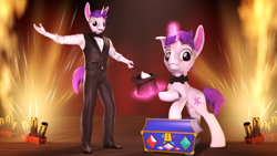 Size: 3840x2160 | Tagged: safe, artist:seriff-pilcrow, oc, oc only, oc:lapush buns, bird, bunnycorn, dove, hybrid, pony, unicorn, anthro, 3d, anthro ponidox, bowtie, bunny ears, chest, clothes, hat, high res, magic, magician, pyrotechnics, source filmmaker, stage, top hat, vest, wand