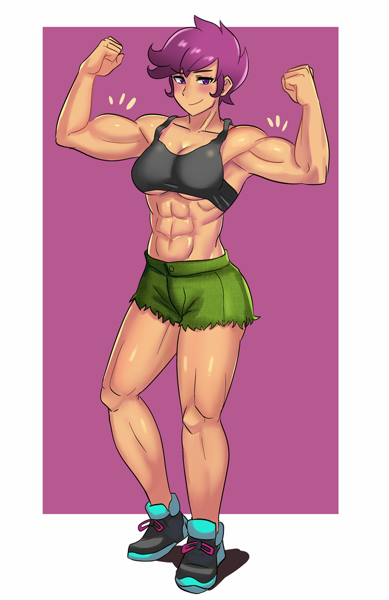 2487343 - safe, artist:tzc, scootaloo, equestria girls, abs, anime,  armpits, blushing, breasts, busty scootaloo, clothes, commission, female,  flexing, muscles, muscular female, older, older scootaloo, shoes, shorts,  smiling, sneakers, solo, sports bra ...