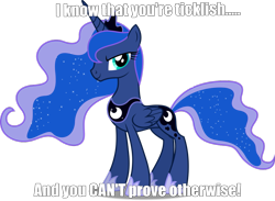 Size: 1045x765 | Tagged: safe, artist:dashiesparkle, edit, princess luna, alicorn, pony, g4, caption, image macro, imminent tickles, implied tickling, looking at you, meme, simple background, smiling, smirk, solo, text, this will end in tickles, tickling, transparent background