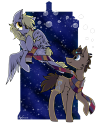 Size: 1100x1400 | Tagged: safe, artist:pegacousinceles, derpy hooves, doctor whooves, time turner, earth pony, pegasus, pony, g4, bubble, bubble blower, clothes, derp, doctor who, duo, female, flying, fourth doctor's scarf, male, mare, scarf, signature, simple background, smiling, sonic screwdriver, stallion, striped scarf, tardis, the doctor, transparent background