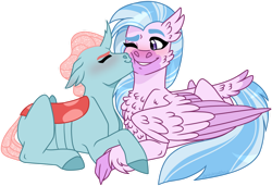 Size: 1024x702 | Tagged: safe, artist:artistcoolpony, ocellus, silverstream, g4, cheek kiss, eyes closed, female, kissing, lesbian, one eye closed, ship:ocellustream, shipping, simple background, transparent background