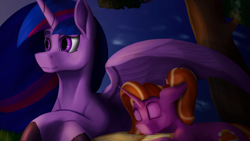 Size: 3840x2160 | Tagged: safe, artist:tenebrisnoctus, luster dawn, twilight sparkle, alicorn, pony, unicorn, g4, the last problem, book, covering, duo, female, high res, lying down, mama twilight, mare, night, older, older twilight, older twilight sparkle (alicorn), princess twilight 2.0, prone, sleeping, smiling, teacher and student, twilight sparkle (alicorn), wing blanket, wing covering, wings