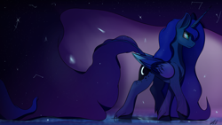 Size: 3840x2160 | Tagged: safe, artist:tenebrisnoctus, princess luna, alicorn, pony, g4, concave belly, constellation, female, galaxy tail, high res, horn, impossibly long tail, long horn, long tail, mare, profile, signature, slender, solo, tail, thin, unshorn fetlocks