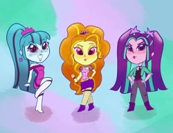 Size: 1280x990 | Tagged: dead source, safe, artist:pettypop, adagio dazzle, aria blaze, sonata dusk, equestria girls, g4, adoragio, ariabetes, blushing, boots, chibi, choker, clothes, cute, dazzlebetes, ear piercing, earring, eyeshadow, female, fishnet stockings, hand on hip, jacket, jeans, jewelry, knee-high boots, lipstick, makeup, microphone, pants, piercing, shoes, shorts, sonatabetes, the dazzlings, trio
