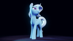 Size: 1280x720 | Tagged: safe, artist:shydale, trixie, pony, unicorn, g4, 3d, animated, blender, blender eevee, butt, curved horn, female, horn, no sound, plot, simple background, smug, solo, turnaround, webm
