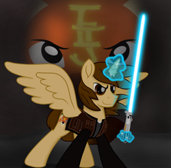Size: 6301x6190 | Tagged: safe, artist:ejlightning007arts, oc, oc only, oc:ej, alicorn, pony, absurd resolution, alicorn oc, blue, clothes, crossover, energy weapon, glowing horn, horn, lightsaber, magic, male, shirt, smiling, smirk, solo, spread wings, stallion, star wars, telekinesis, vest, wavy mane, weapon, wings