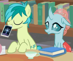 Size: 665x558 | Tagged: safe, screencap, ocellus, sandbar, tree of harmony, changedling, changeling, earth pony, pony, g4, what lies beneath, animated, book, bookshelf, cropped, cute, diaocelles, female, gif, male, mouth hold, sandabetes, teenager
