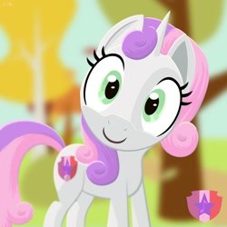 Size: 1280x1280 | Tagged: safe, artist:rdt727, sweetie belle, pony, unicorn, g4, adoracreepy, autumn, close-up, creepy, cute, cutie mark, diasweetes, extreme close-up, female, looking at you, mare, older, older sweetie belle, smiling, smiling at you, solo, uncanny valley