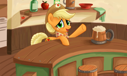 Size: 1500x900 | Tagged: safe, artist:champion-of-namira, applejack, earth pony, pony, g4, the last problem, cider, cider mug, hat, looking at you, mug, older, older applejack, smiling, solo