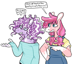 Size: 802x700 | Tagged: safe, artist:fastserve, oc, oc:peach blossom, oc:regal plum, earth pony, anthro, anthro oc, clothes, dialogue, female, freckles, magical lesbian spawn, male, off shoulder, offspring, overalls, parent:apple bloom, parent:diamond tiara, parents:diamondbloom, siblings, simple background, speech bubble, white background