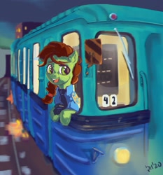Size: 1500x1606 | Tagged: safe, artist:drafthoof, oc, oc only, oc:oil drop, earth pony, pony, clothes, looking away, metro, open mouth, solo, sparks, subway, train, uniform