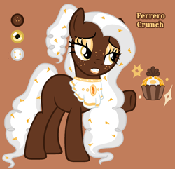 Size: 1516x1459 | Tagged: safe, artist:pegasski, artist:sir-psych0-s3xy, oc, oc only, oc:ferrero crunch, earth pony, pony, g4, base used, brown background, eyeshadow, female, freckles, lipstick, makeup, mare, offspring, parent:cheese sandwich, parent:pinkie pie, parents:cheesepie, simple background, solo